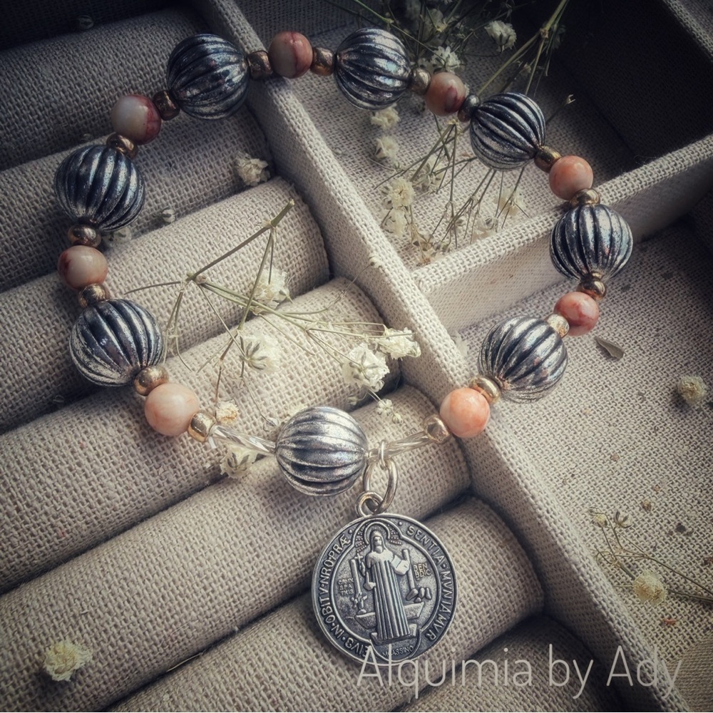Spiritual Charm Bracelet | PINK  MOONSTONE  Beads + San Benito Medal